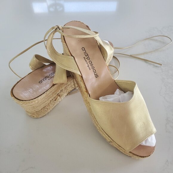 Andre Assous New Gold Ankle Tie Leather Platform Espadrilles made in Spain   9.5 - Picture 2 of 16